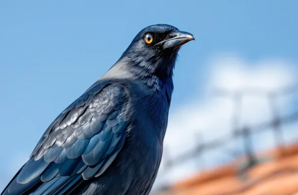 Kauw met grijze nek en blauwe ogen op terracotta dakpan, vogelafweer zichtbaar op achtergrond tegen blauwe lucht